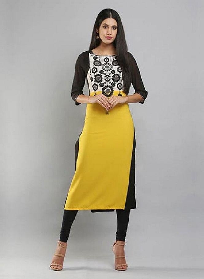 Yellow &amp; Black Colorblocked Printed kurta - wforwoman