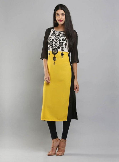 Yellow &amp; Black Colorblocked Printed kurta - wforwoman