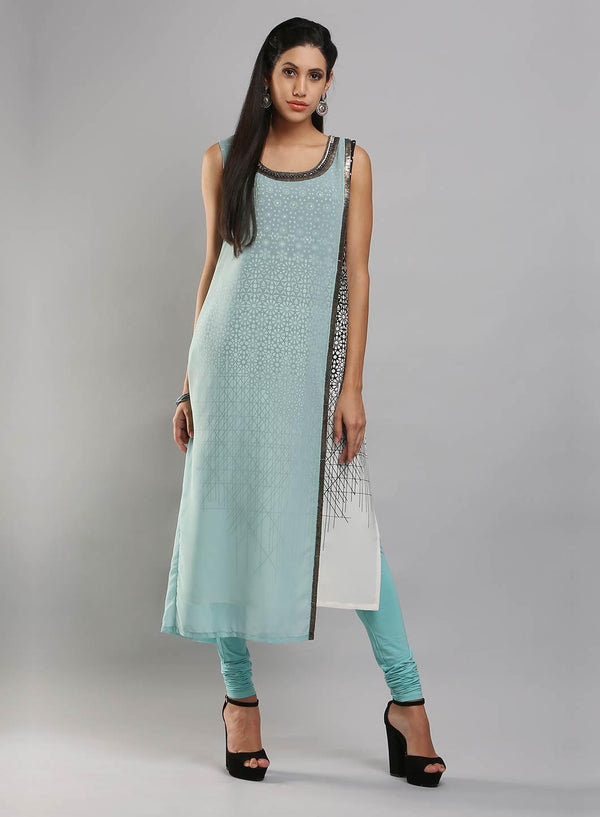 Aqua Blue & White Sleeveless Printed kurta