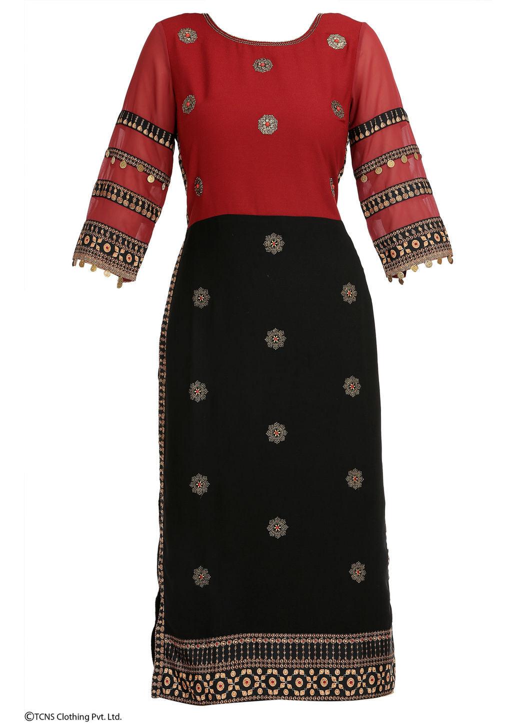 Red Printed 3/4 Sleeve kurta - wforwoman