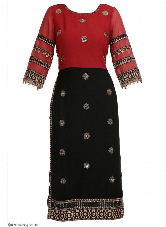 Red Printed 3/4 Sleeve kurta - wforwoman