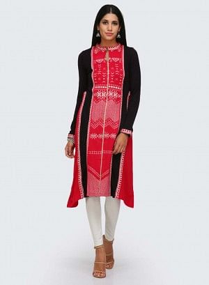 Red Mandarin Neck Solid kurta