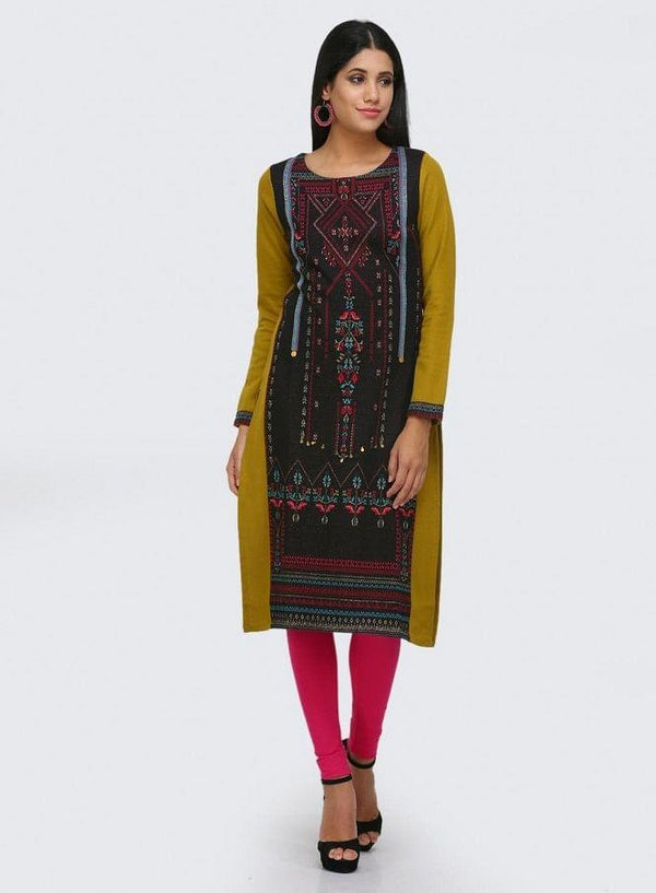 Black Printed Round Neck Winter kurta