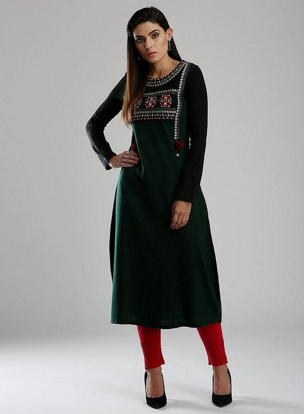 Green & Black Woollen Round Neck kurta