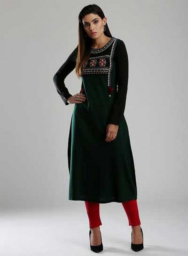 Green & Black Woollen Round Neck kurta