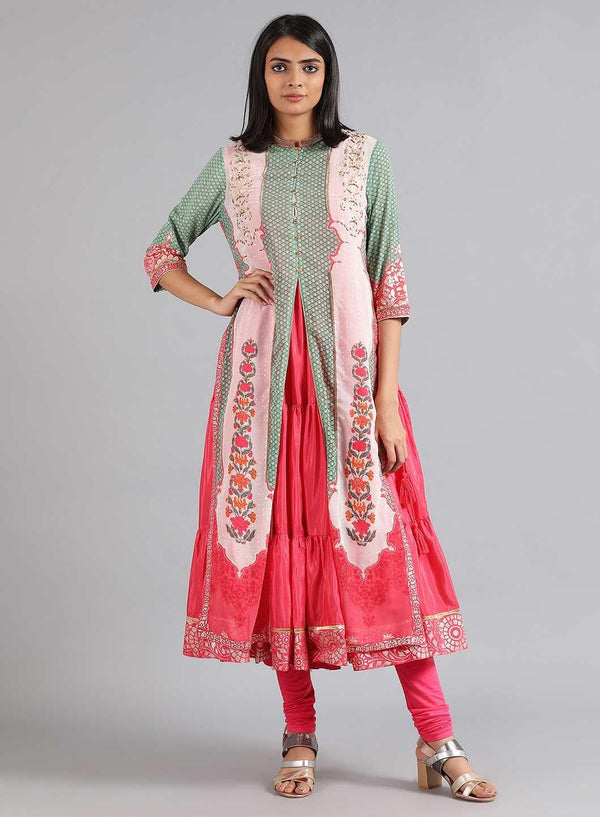 Green & Pink Round Neck Printed kurta