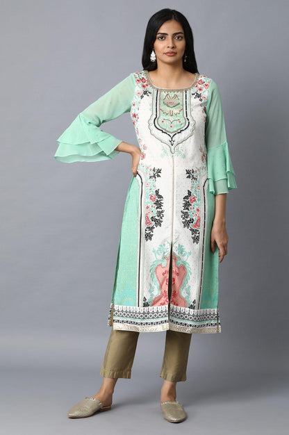 White and Green Printed Straight kurta - wforwoman