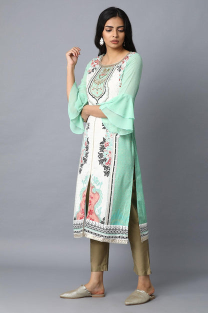 White and Green Printed Straight kurta - wforwoman