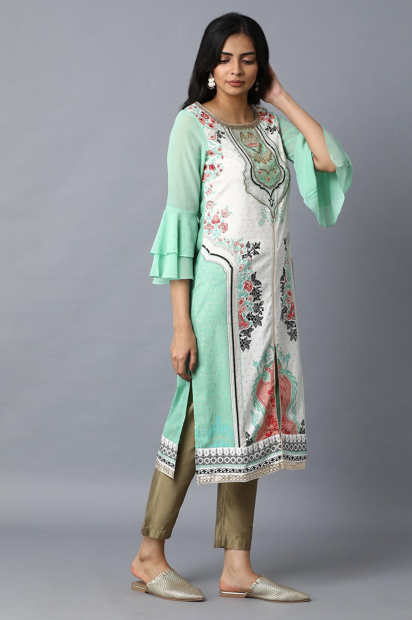 White and Green Printed Straight kurta - wforwoman