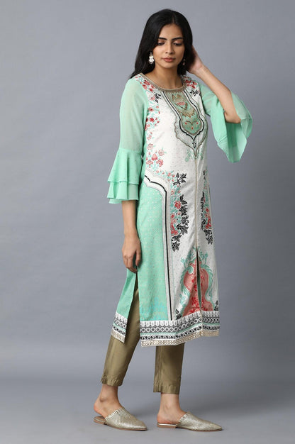 White and Green Printed Straight kurta - wforwoman