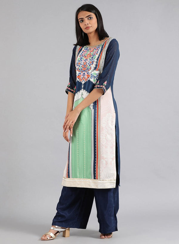 Blue & Green Round Neck Printed kurta