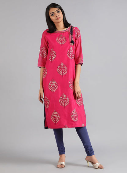Pink Round Neck Printed kurta - wforwoman
