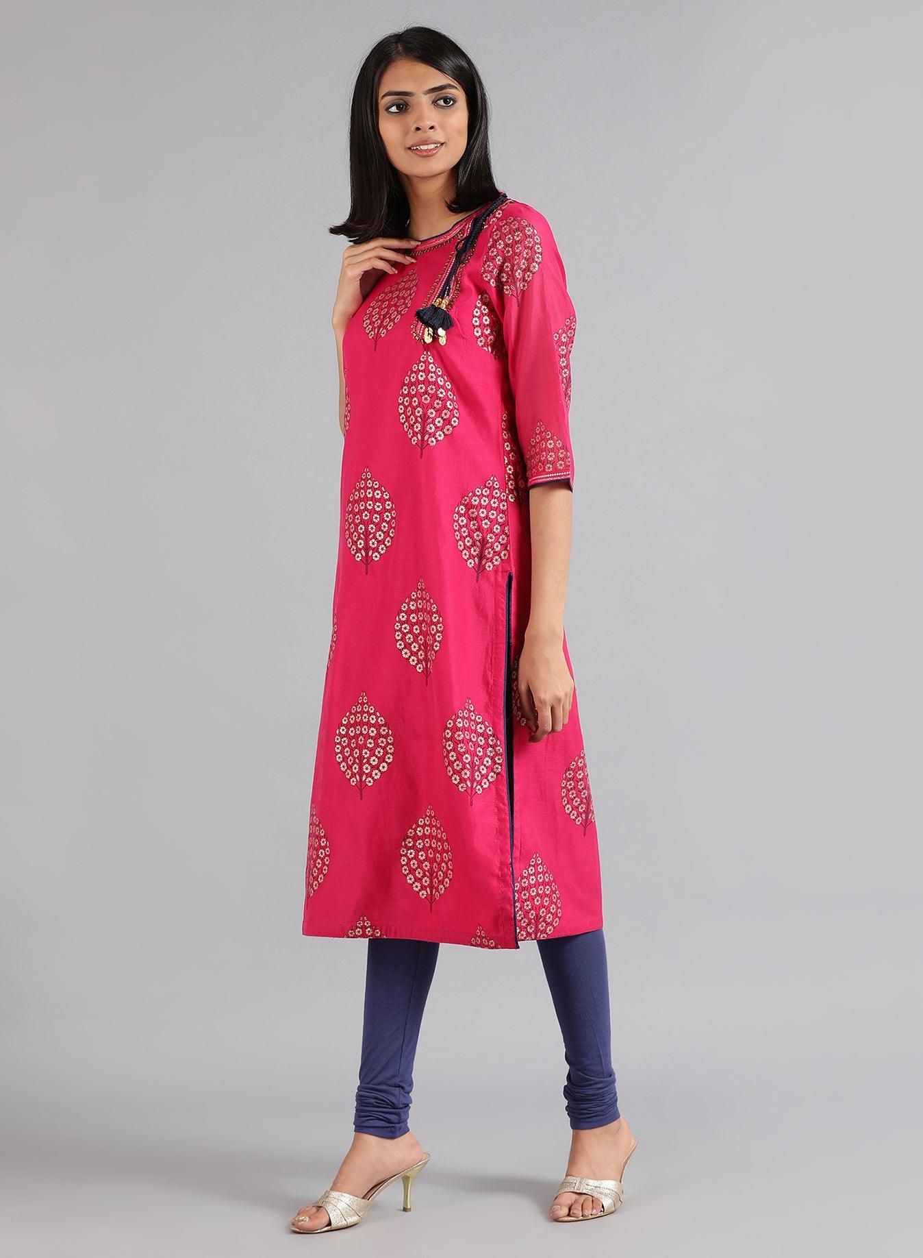 Pink Round Neck Printed kurta - wforwoman