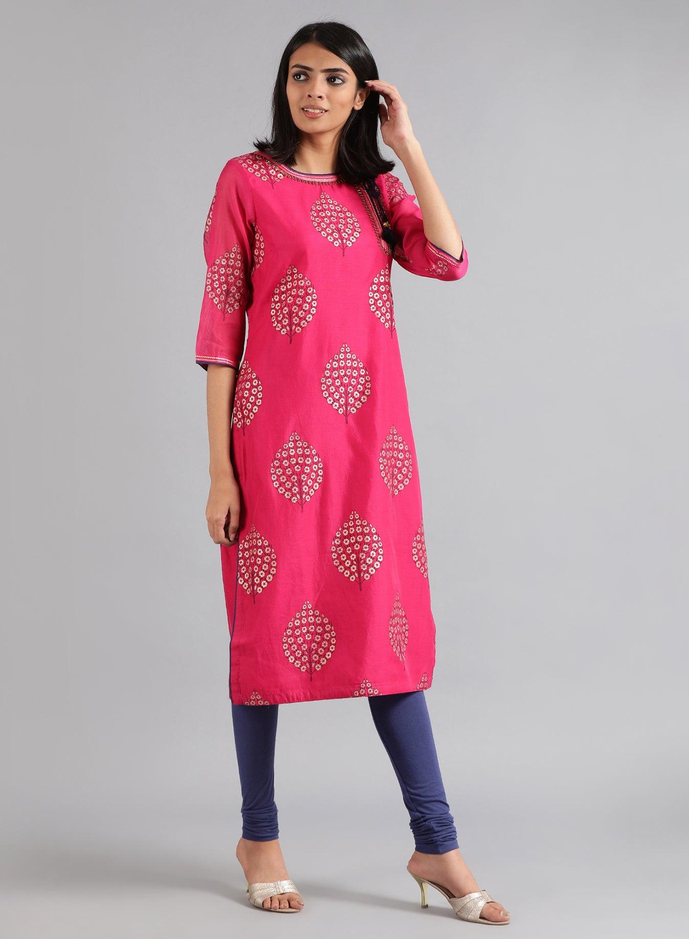 Pink Round Neck Printed kurta - wforwoman