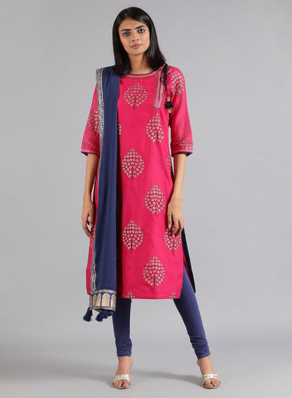 Pink Round Neck Printed kurta - wforwoman