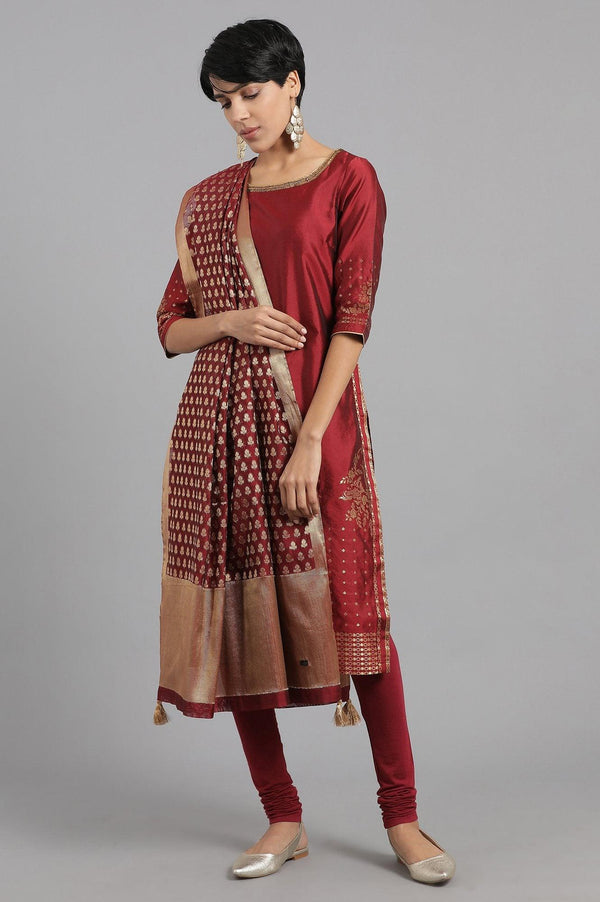 Maroon Round Neck Yarn-dyed kurta