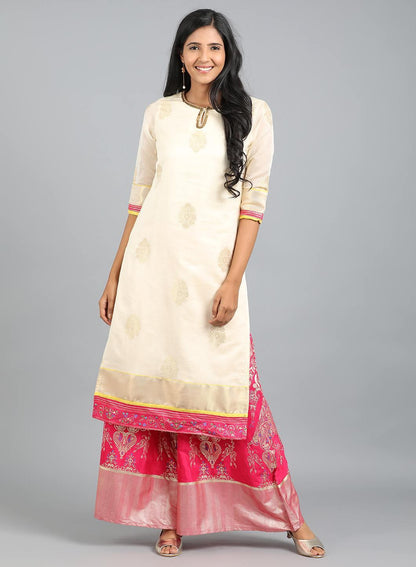 Off-White Round Neck Yarn-Dyed kurta - wforwoman