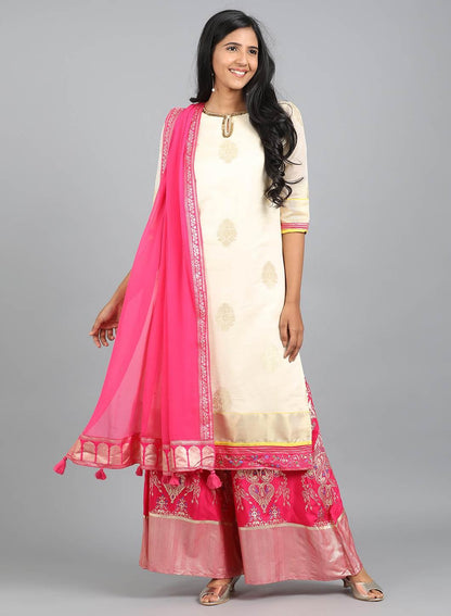 Off-White Round Neck Yarn-Dyed kurta - wforwoman