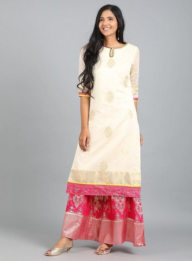 Off-White Round Neck Yarn-Dyed kurta - wforwoman