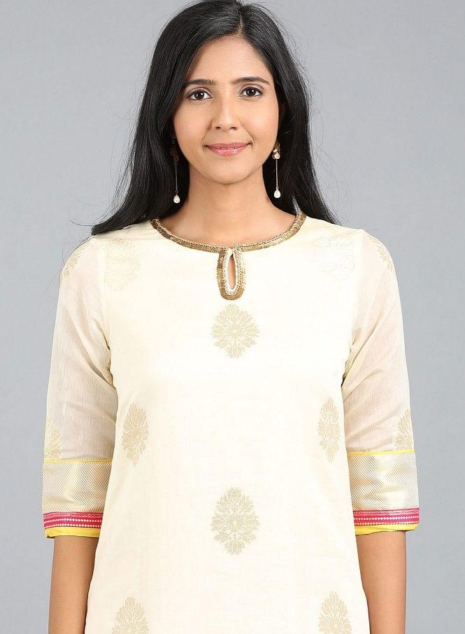 Off-White Round Neck Yarn-Dyed kurta - wforwoman