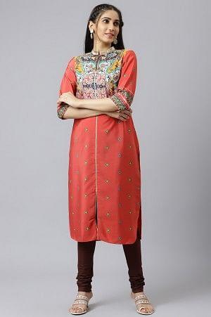 Red Multi Coloured Straight kurta - wforwoman