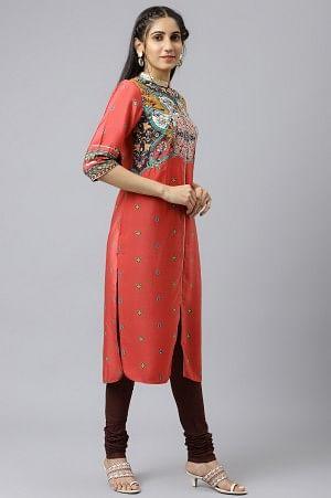 Red Multi Coloured Straight kurta - wforwoman