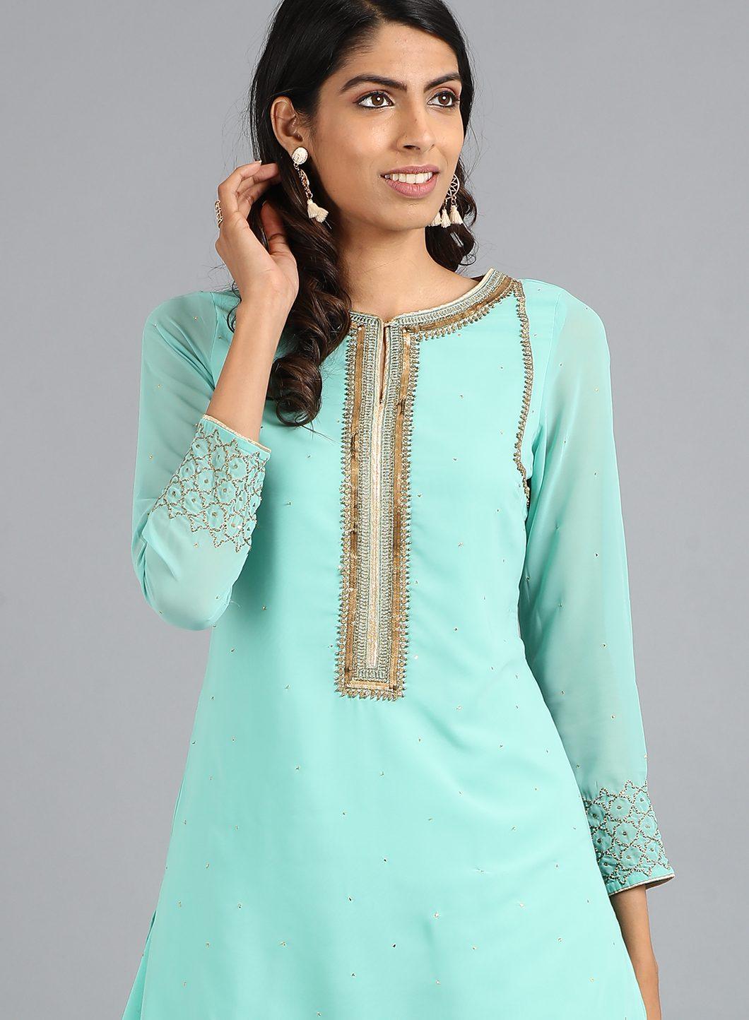 Light Blue Round Neck Solid kurta - wforwoman