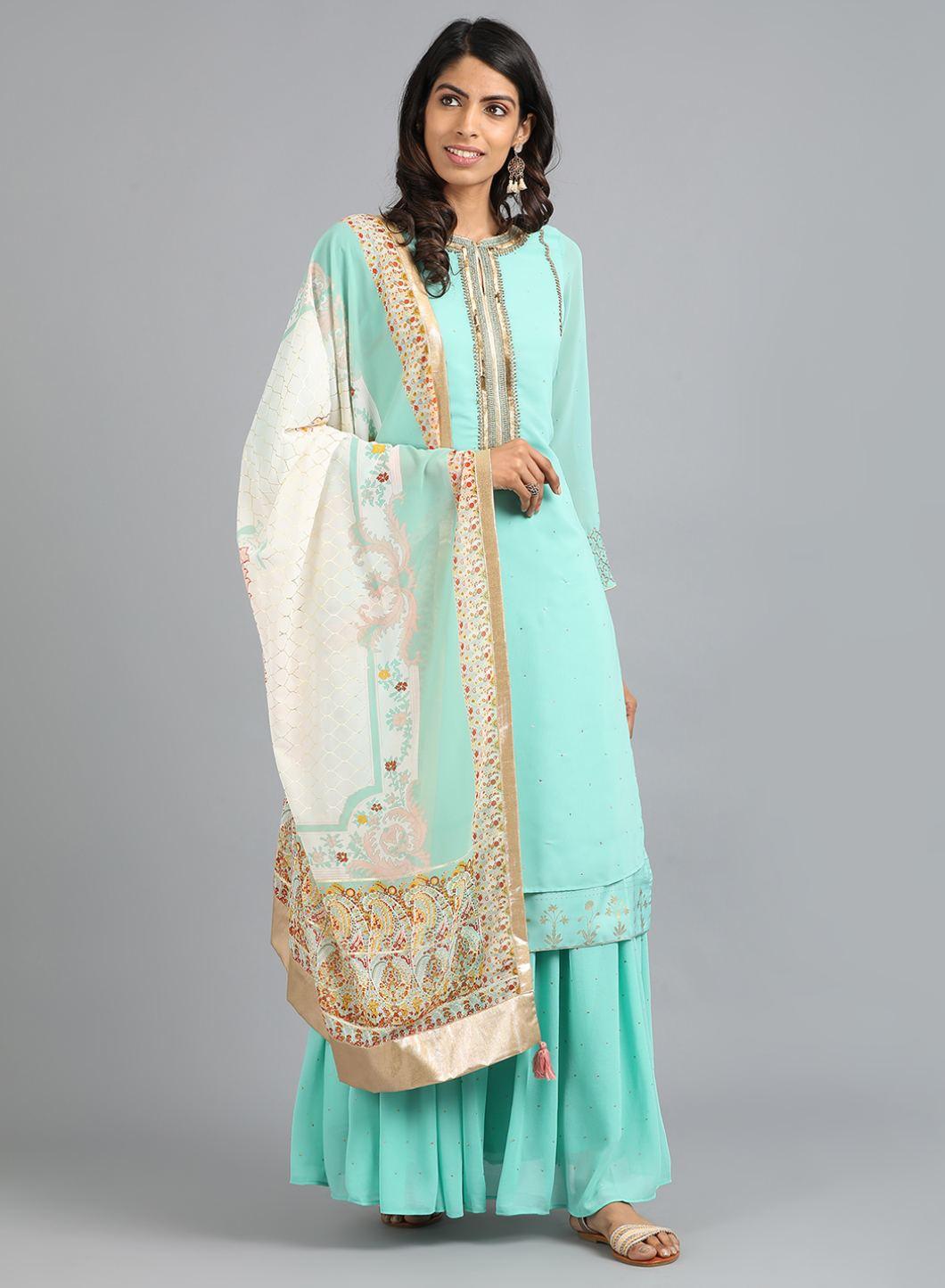 Light Blue Round Neck Solid kurta - wforwoman