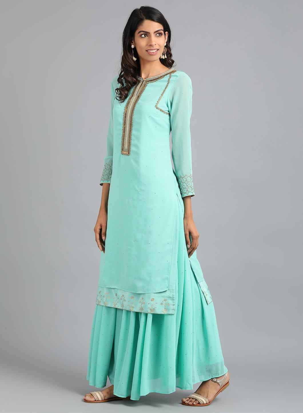 Light Blue Round Neck Solid kurta - wforwoman