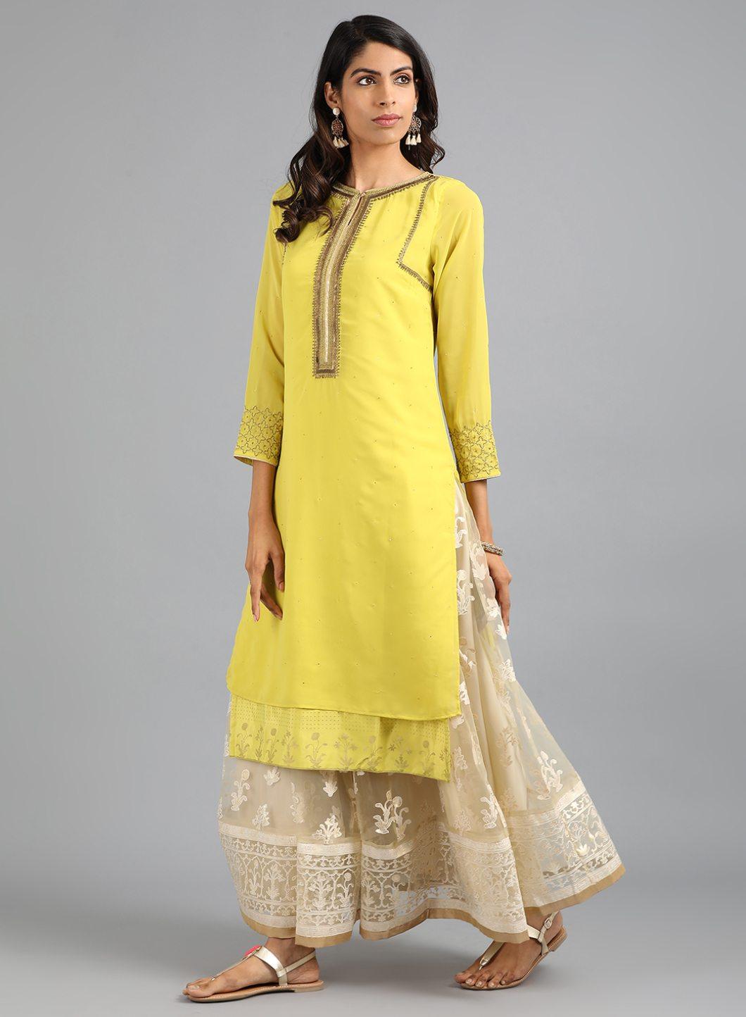 Yellow Round Neck Solid kurta - wforwoman