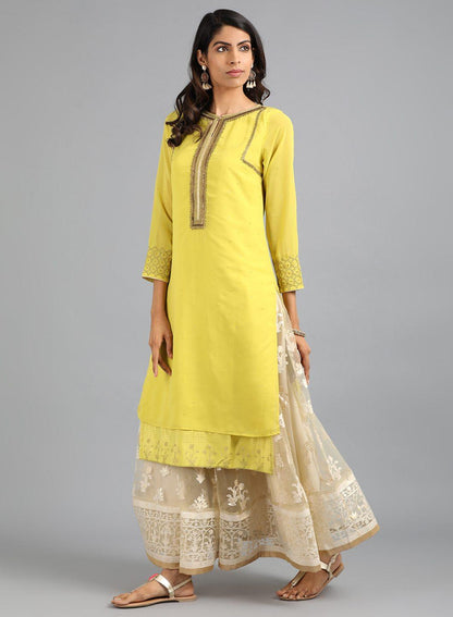 Yellow Round Neck Solid kurta - wforwoman