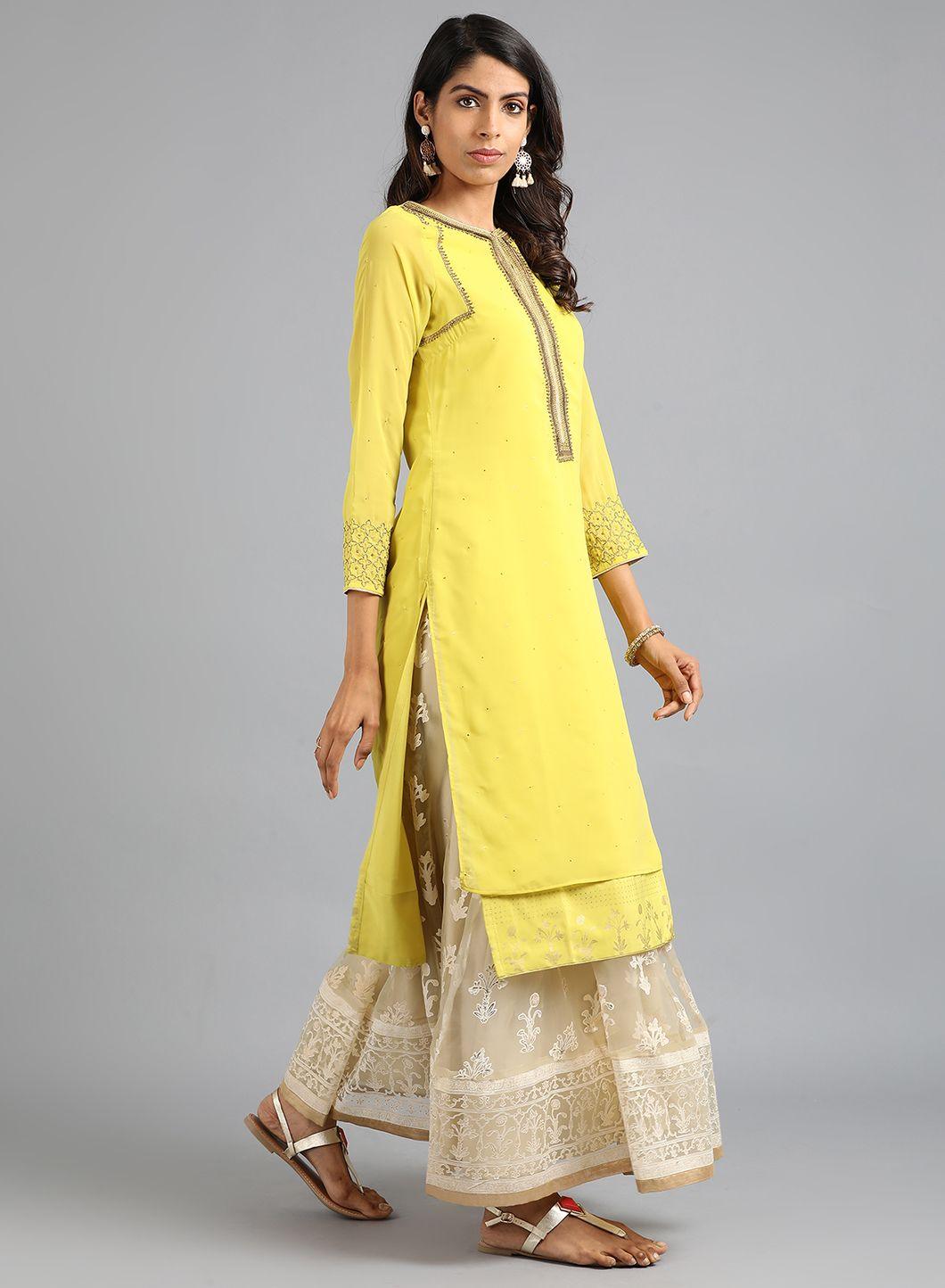 Yellow Round Neck Solid kurta - wforwoman