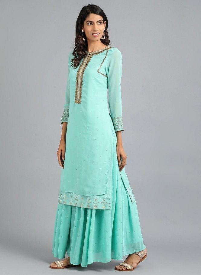 Light Blue Round Neck Solid kurta - wforwoman
