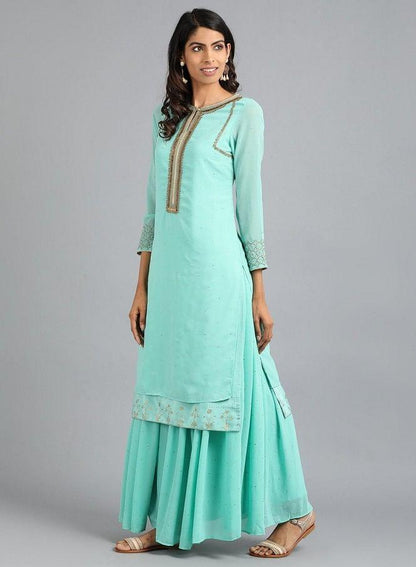 Light Blue Round Neck Solid kurta - wforwoman