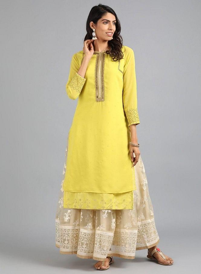 Yellow Round Neck Solid kurta - wforwoman