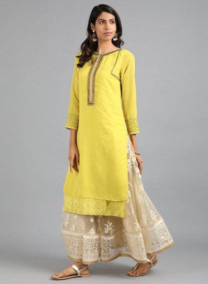 Yellow Round Neck Solid kurta - wforwoman
