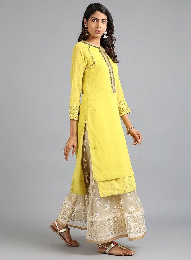 Yellow Round Neck Solid kurta - wforwoman