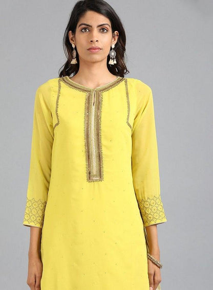 Yellow Round Neck Solid kurta - wforwoman