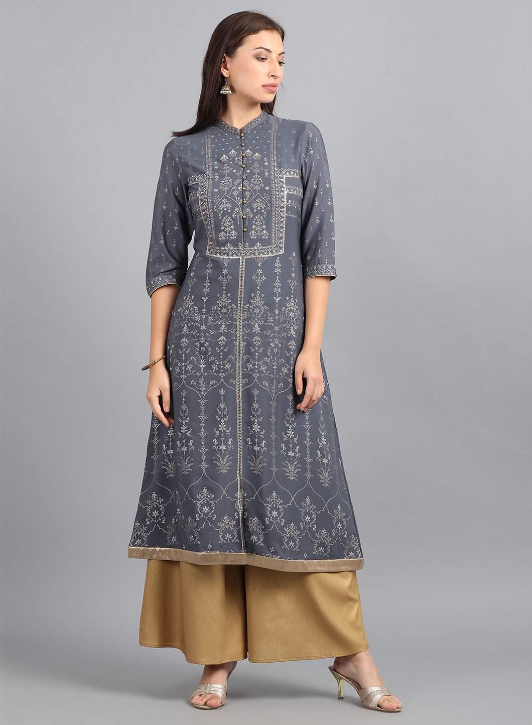 Grey Mandarin Neck Printed kurta - wforwoman