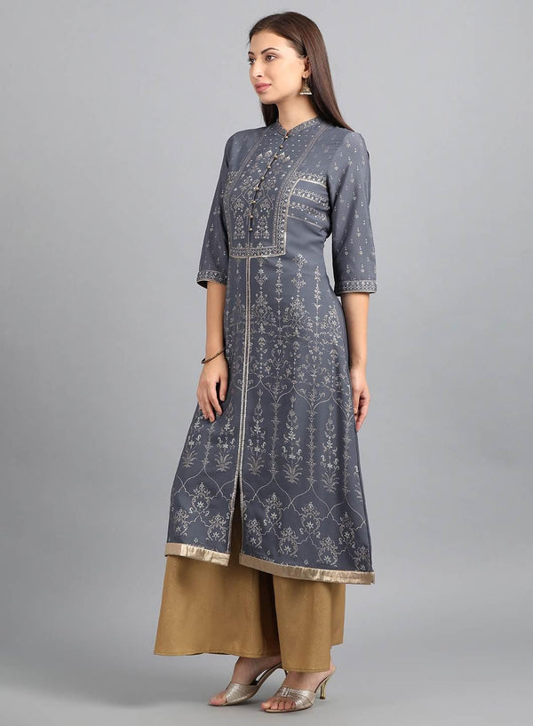 Grey Mandarin Neck Printed kurta