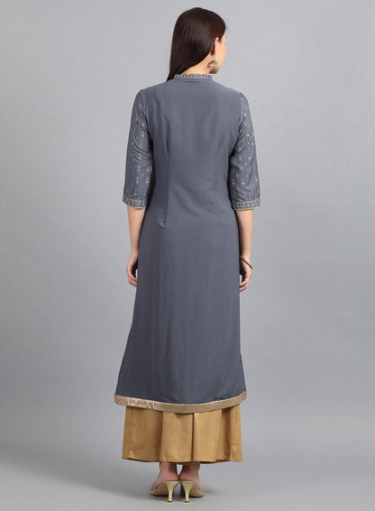 Grey Mandarin Neck Printed kurta - wforwoman