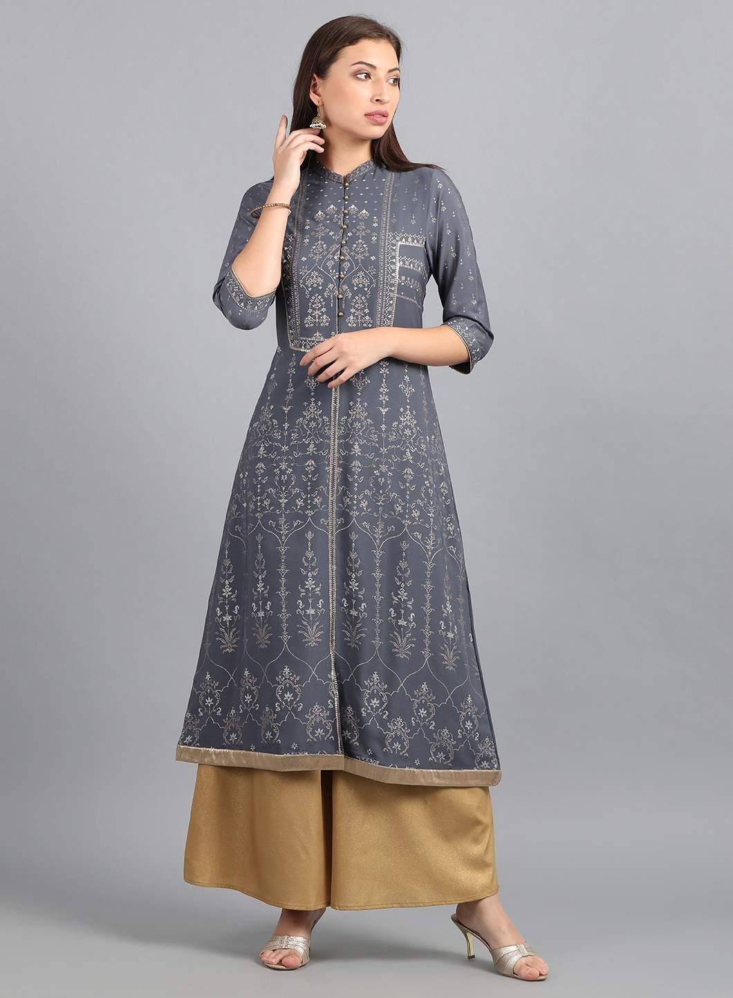 Grey Mandarin Neck Printed kurta - wforwoman