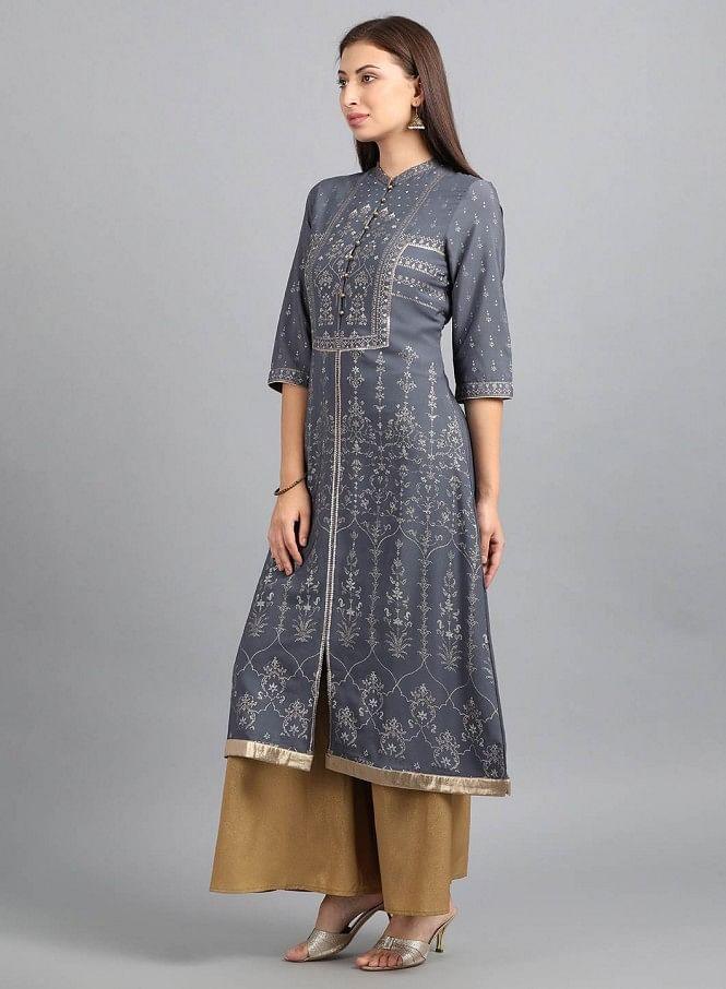 Grey Mandarin Neck Printed kurta - wforwoman
