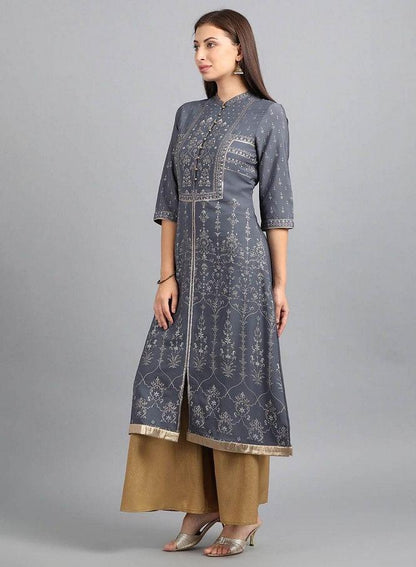 Grey Mandarin Neck Printed kurta - wforwoman