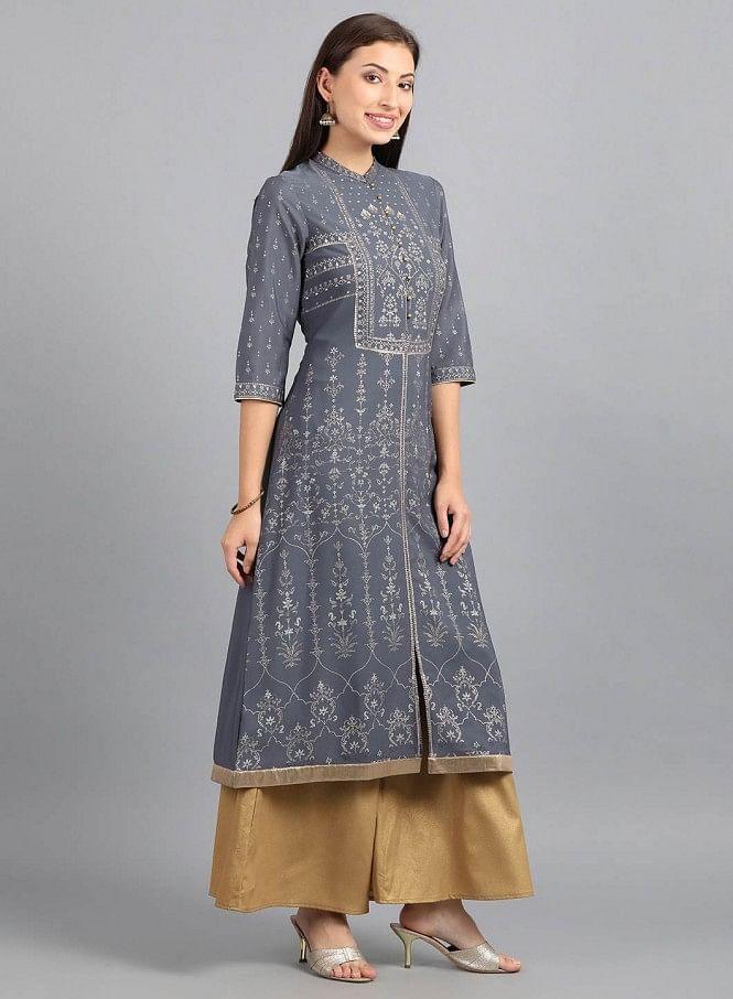 Grey Mandarin Neck Printed kurta - wforwoman