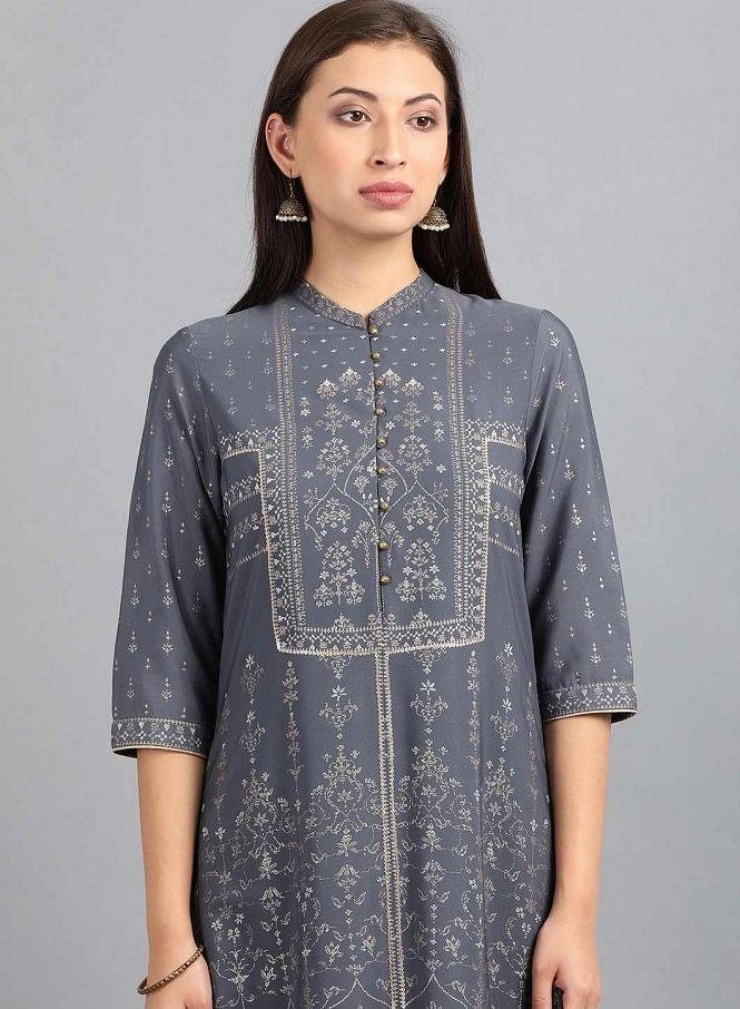 Grey Mandarin Neck Printed kurta - wforwoman