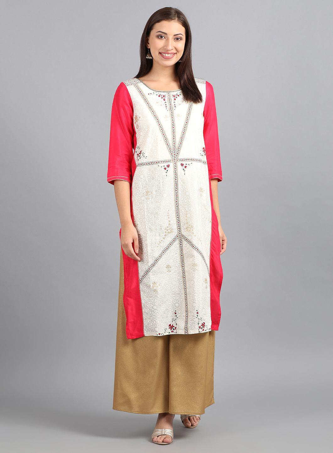 Ecru Round Neck Printed kurta - wforwoman