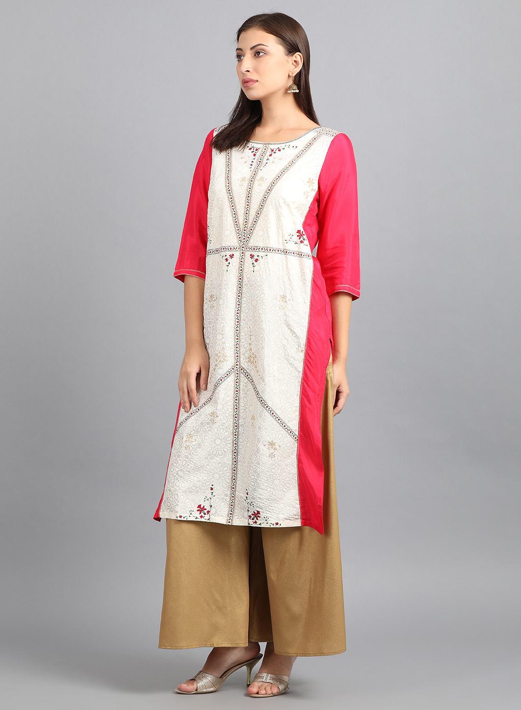 Ecru Round Neck Printed kurta - wforwoman