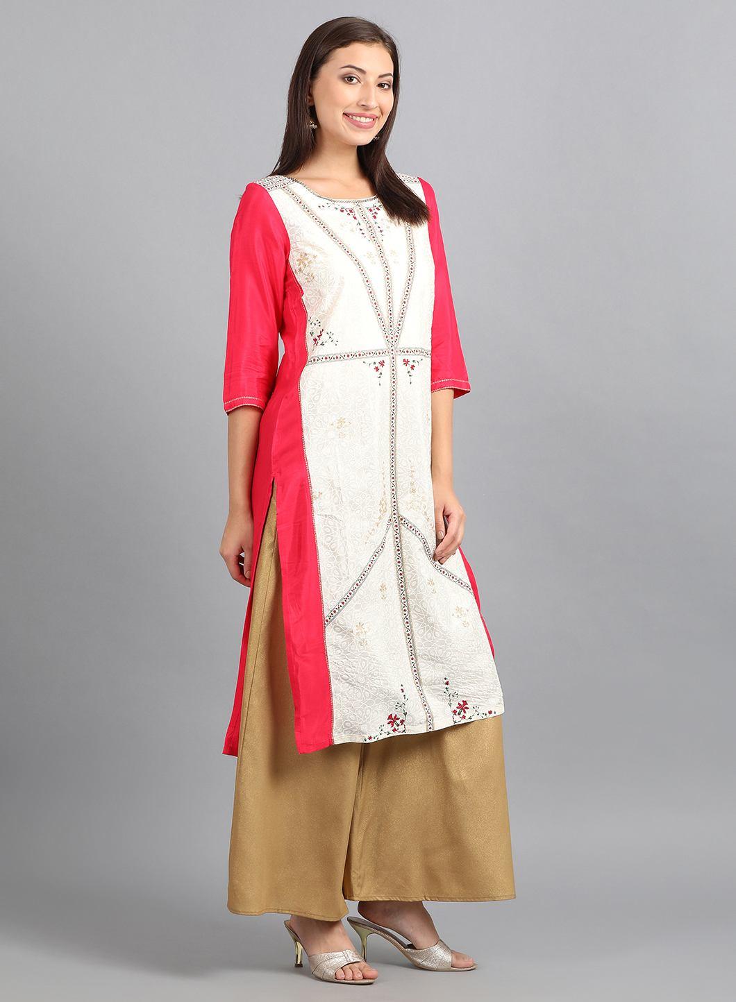 Ecru Round Neck Printed kurta - wforwoman