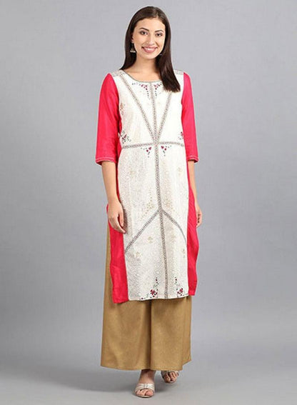 Ecru Round Neck Printed kurta - wforwoman